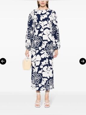 Faithfull The Brand Navy White Floral Midi Occasion Dress Tie Back Womens 8